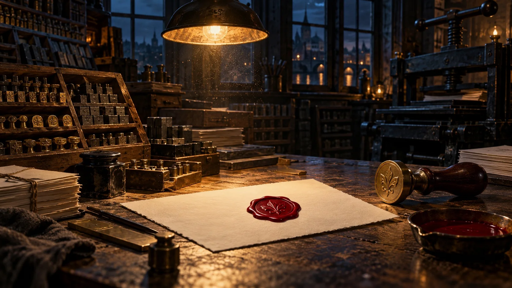 Taller de grabado antiguo de noche, con sellos de bronce y cajas de tipos en penumbra y, en el centro de la mesa, un sello de lacre carmesí sobre una hoja.