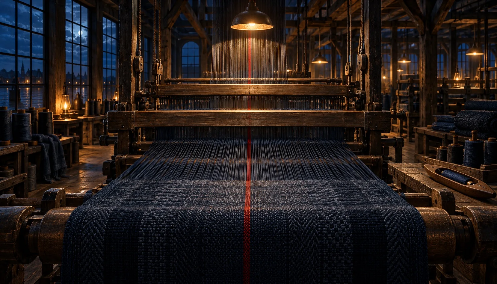 A large loom in a dim mill at night, its blue-grey threads held together by a single crimson thread running through the weave.