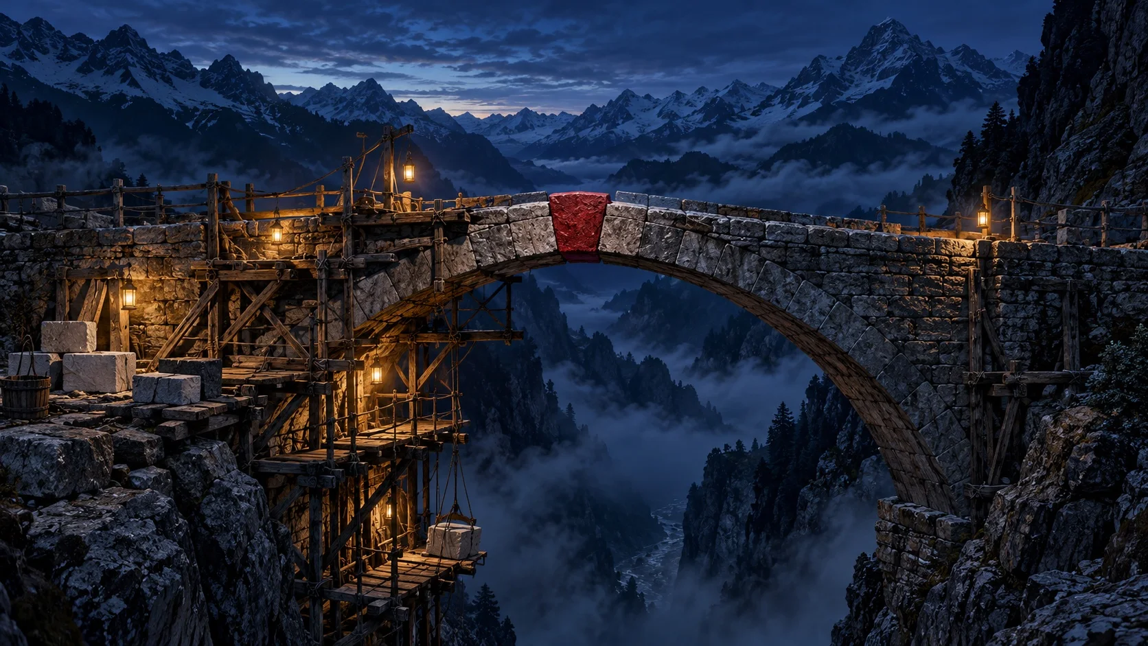 An old stone bridge under restoration at dusk in a mountain pass, its arch held by a single crimson keystone.