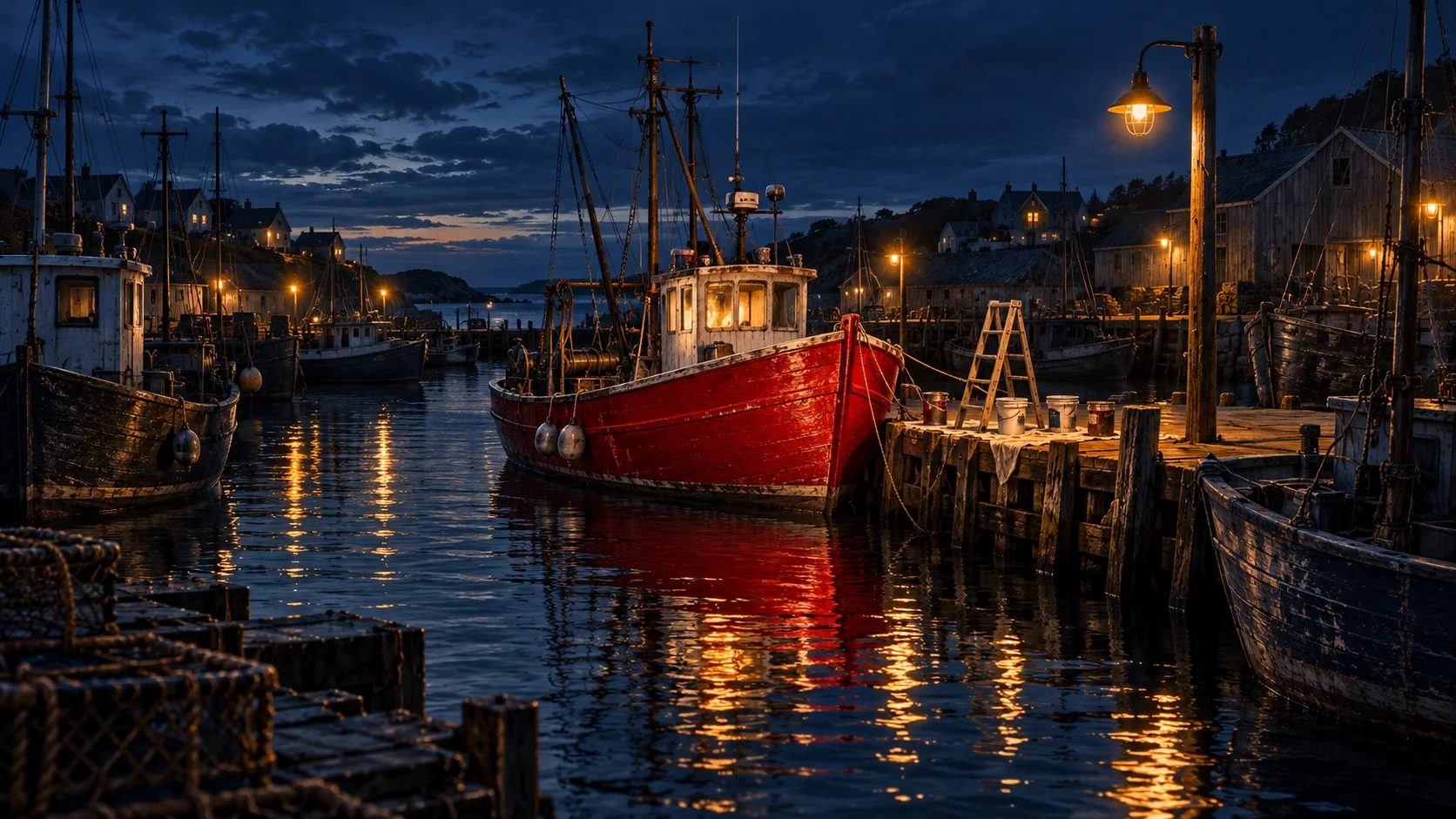 A harbour at blue hour where one freshly repainted crimson boat sits among dark, weathered hulls, with a ladder and paint pots on the pier beside it.