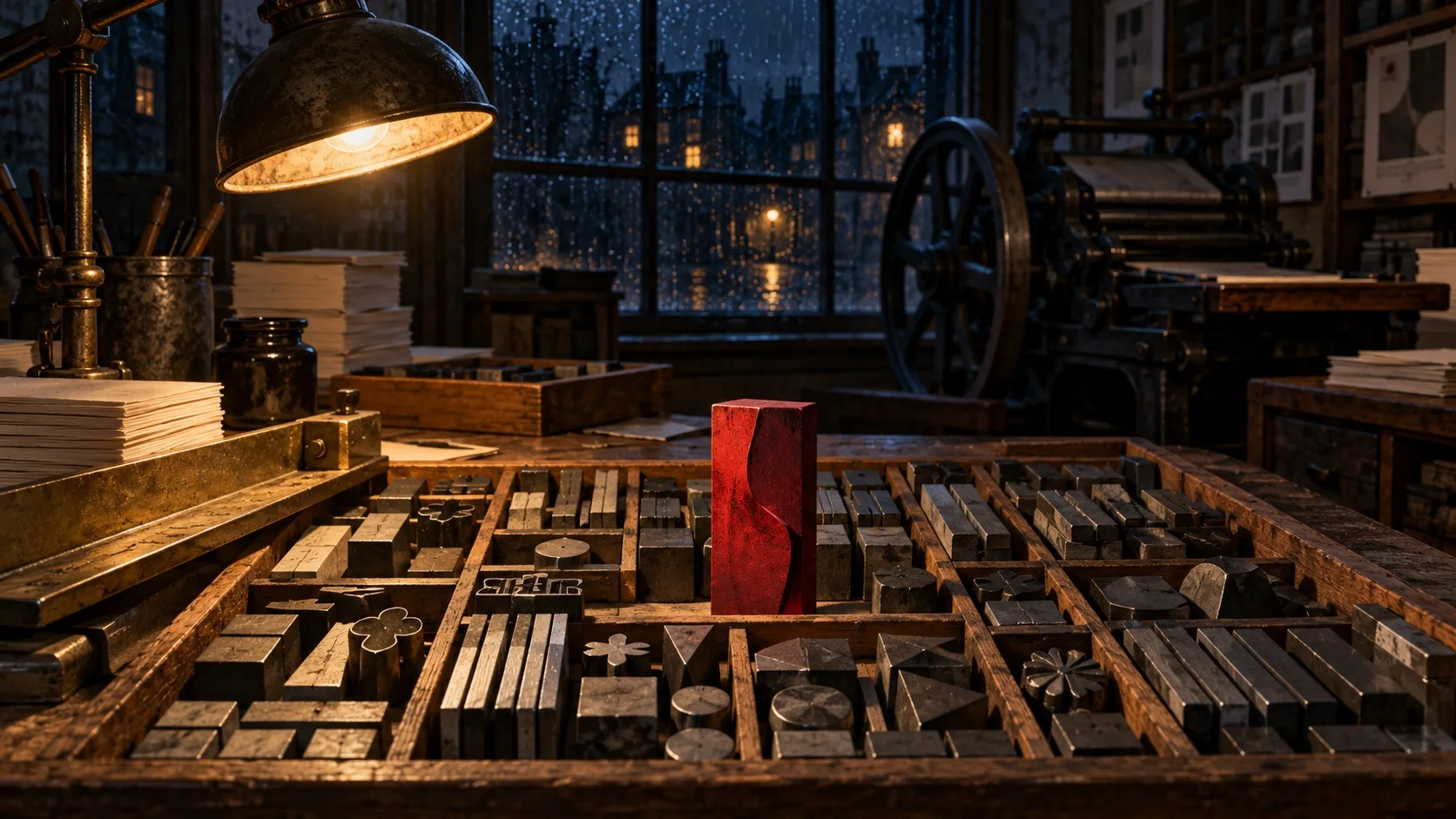 A letterpress shop at night where one crimson-inked wooden printing block stands upright on the composing stone, lit by an amber lamp, among trays of dark metal type.