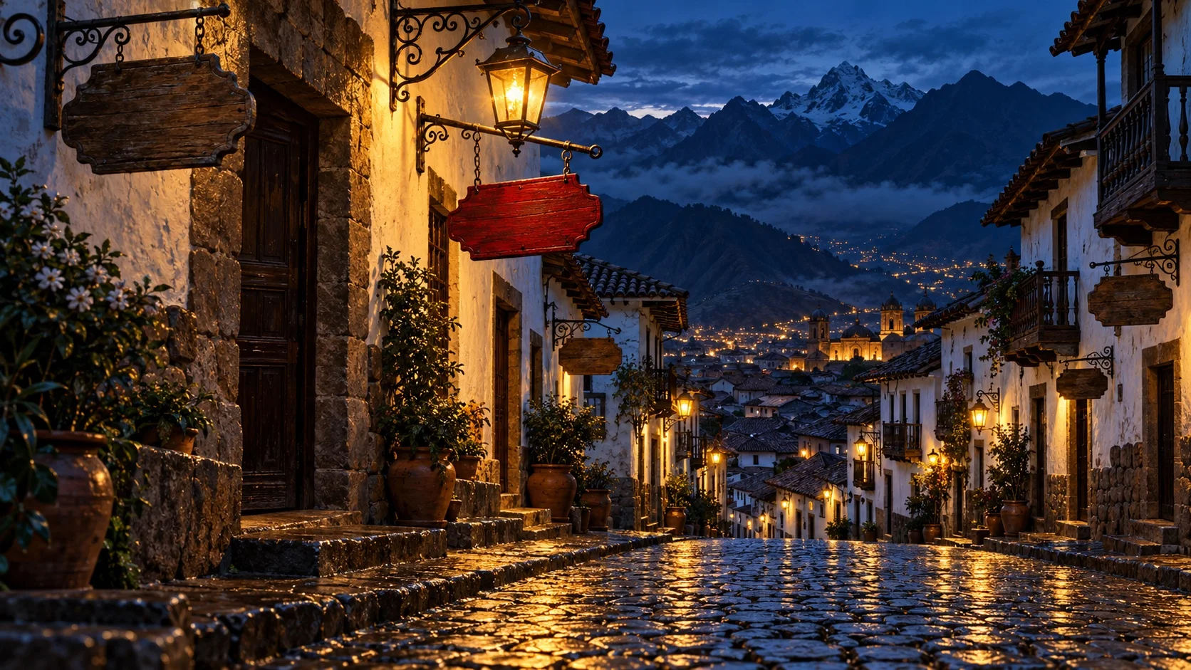 Una calle empedrada de un pueblo andino al anochecer donde, entre letreros de madera oscuros, un solo letrero tallado pintado de carmesí cuelga bajo un farol ámbar.