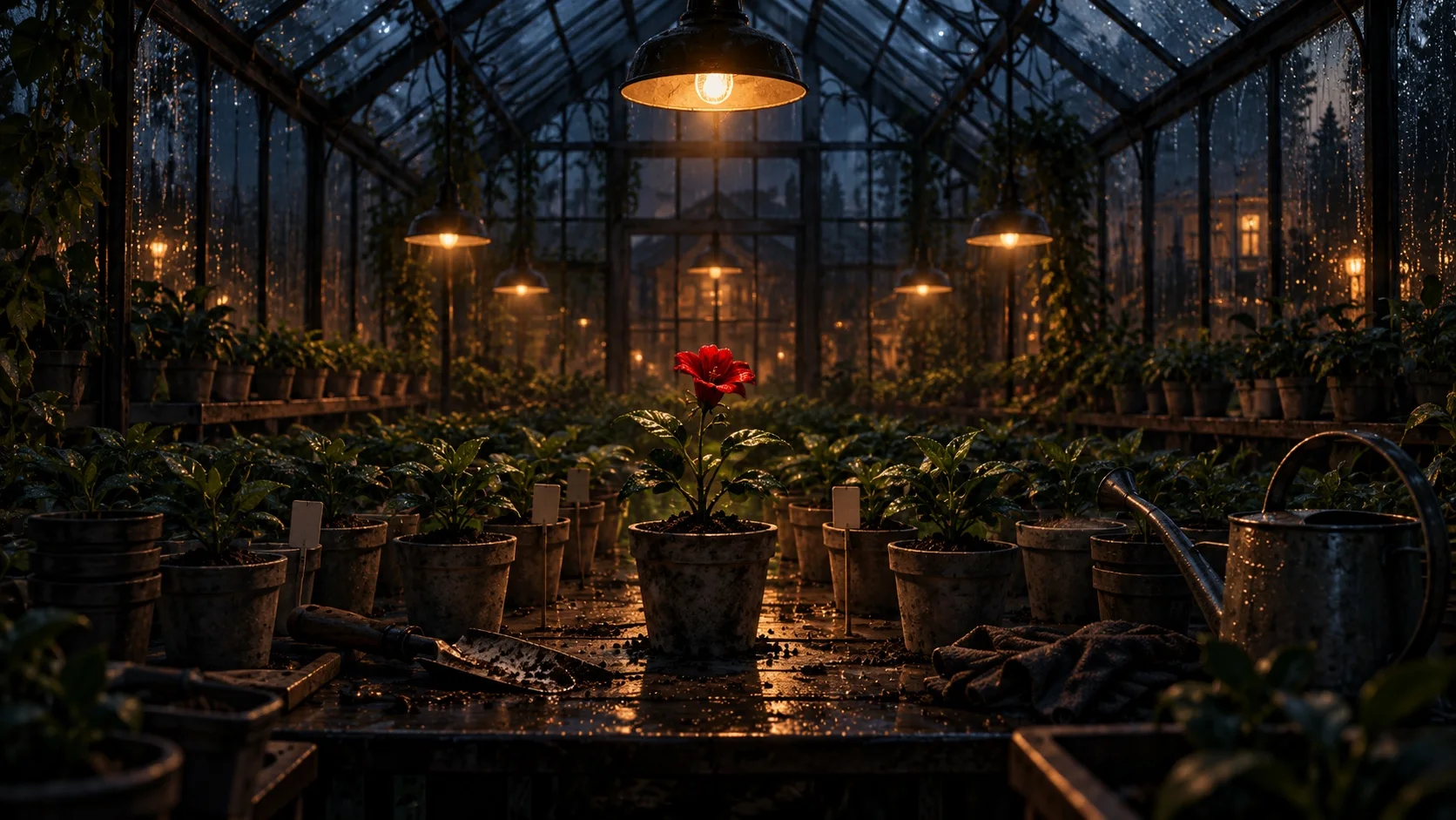 A greenhouse at night with rows of green seedlings under amber lamps and, at the centre, one plant opening a single crimson flower.