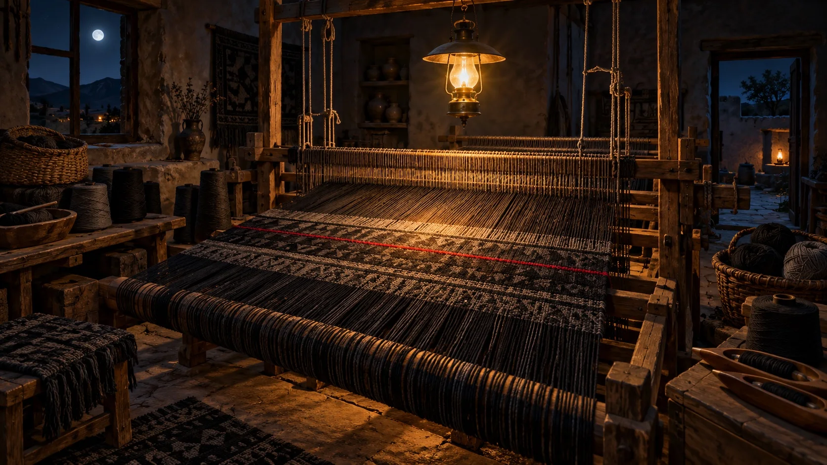 Un telar de madera en un taller de adobe de noche, con hilos oscuros y un solo hilo carmesí que recorre todo el tejido bajo una lámpara de aceite ámbar.