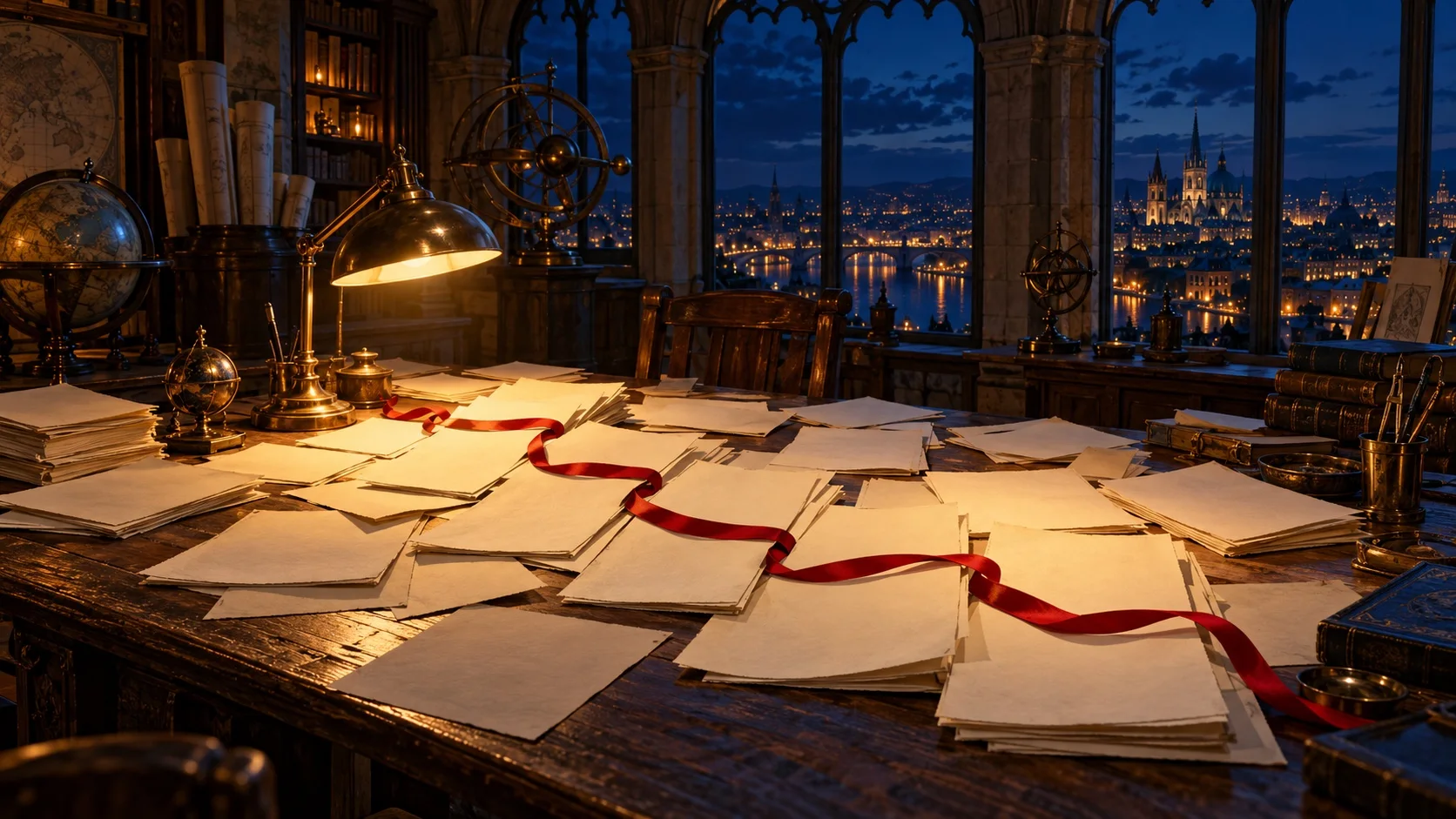 A dim map room at blue hour where a single crimson ribbon threads a scattered pile of blank sheets on an oak table into one ordered sequence.