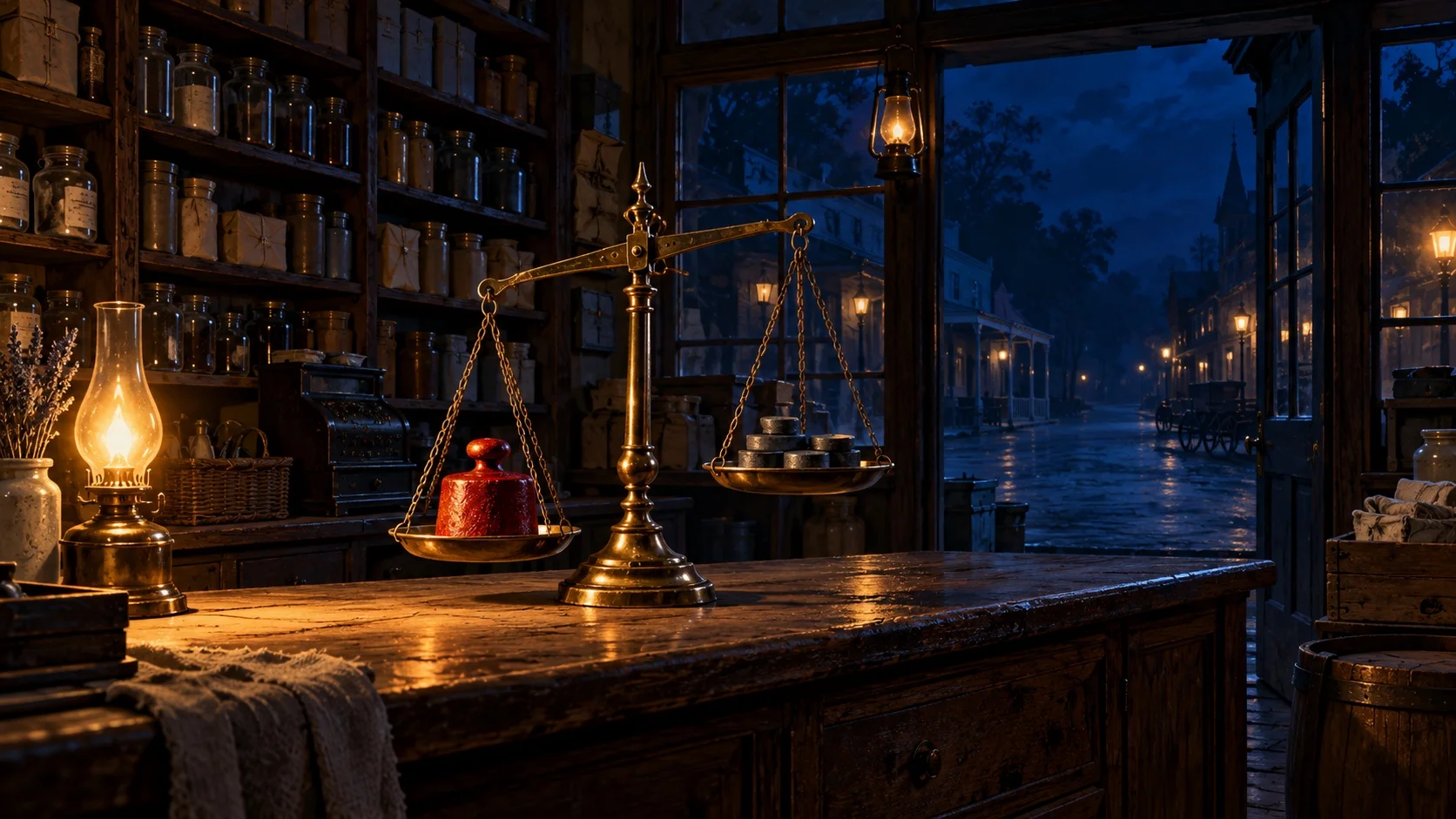 A brass balance scale on the counter of a closed general store at night, one pan tipped by a single crimson weight under warm lamplight.