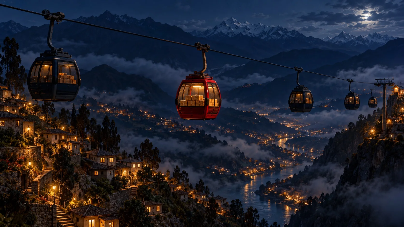Un teleférico andino al anochecer sobre un valle con casas iluminadas, con una sola cabina carmesí cargada de paquetes en el centro.