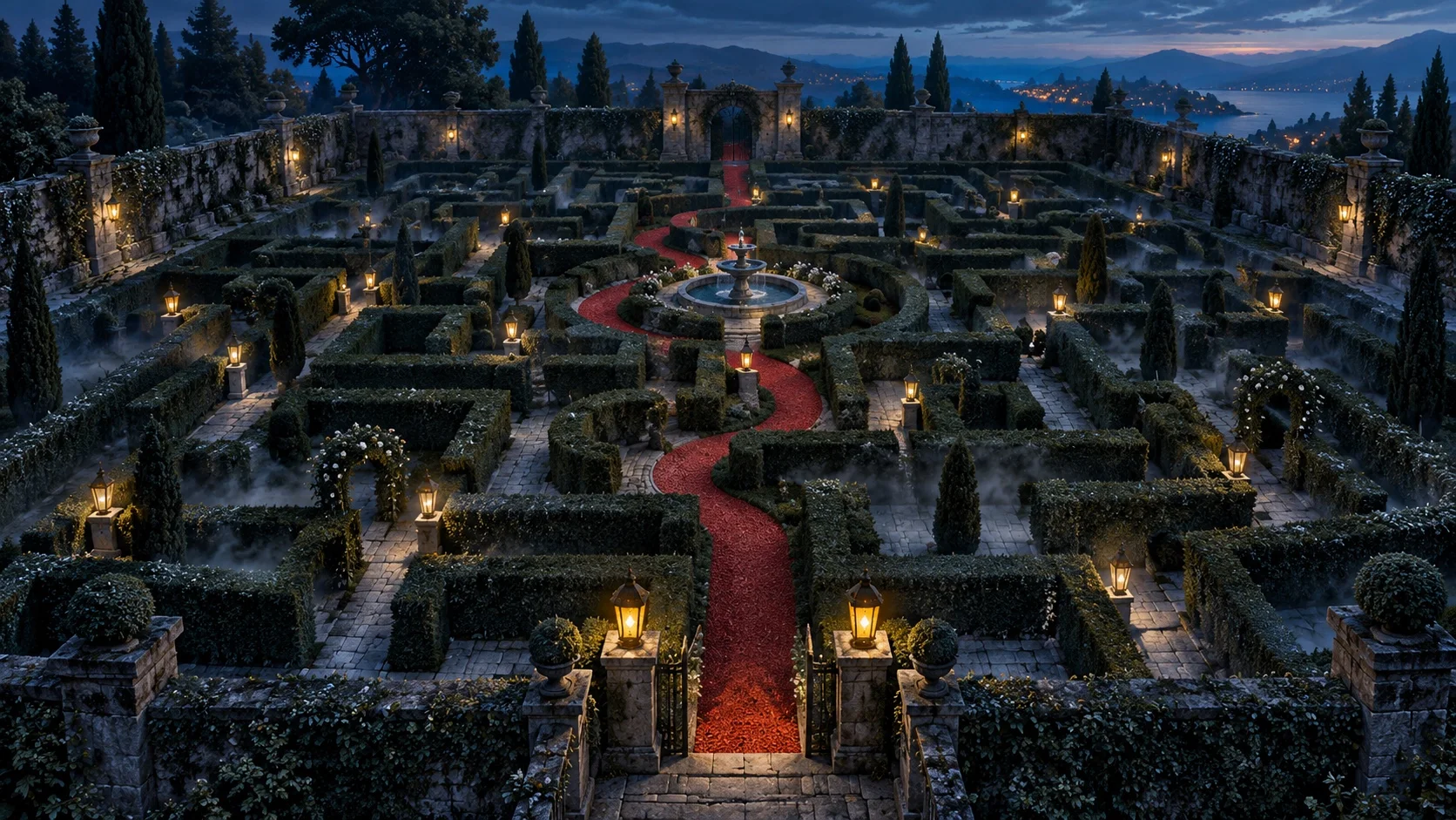A hedge maze in a walled garden at dusk, lit by lanterns, with a single crimson gravel path leading to a fountain at its centre.