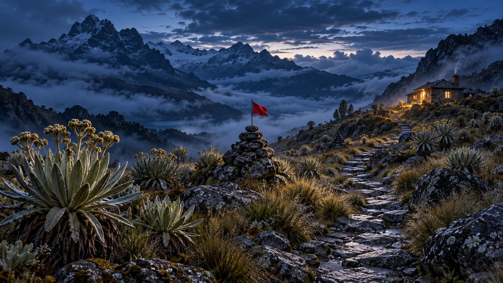 Un sendero de páramo al anochecer entre frailejones y mojones de piedra, con una pequeña bandera carmesí sobre un mojón en el centro.