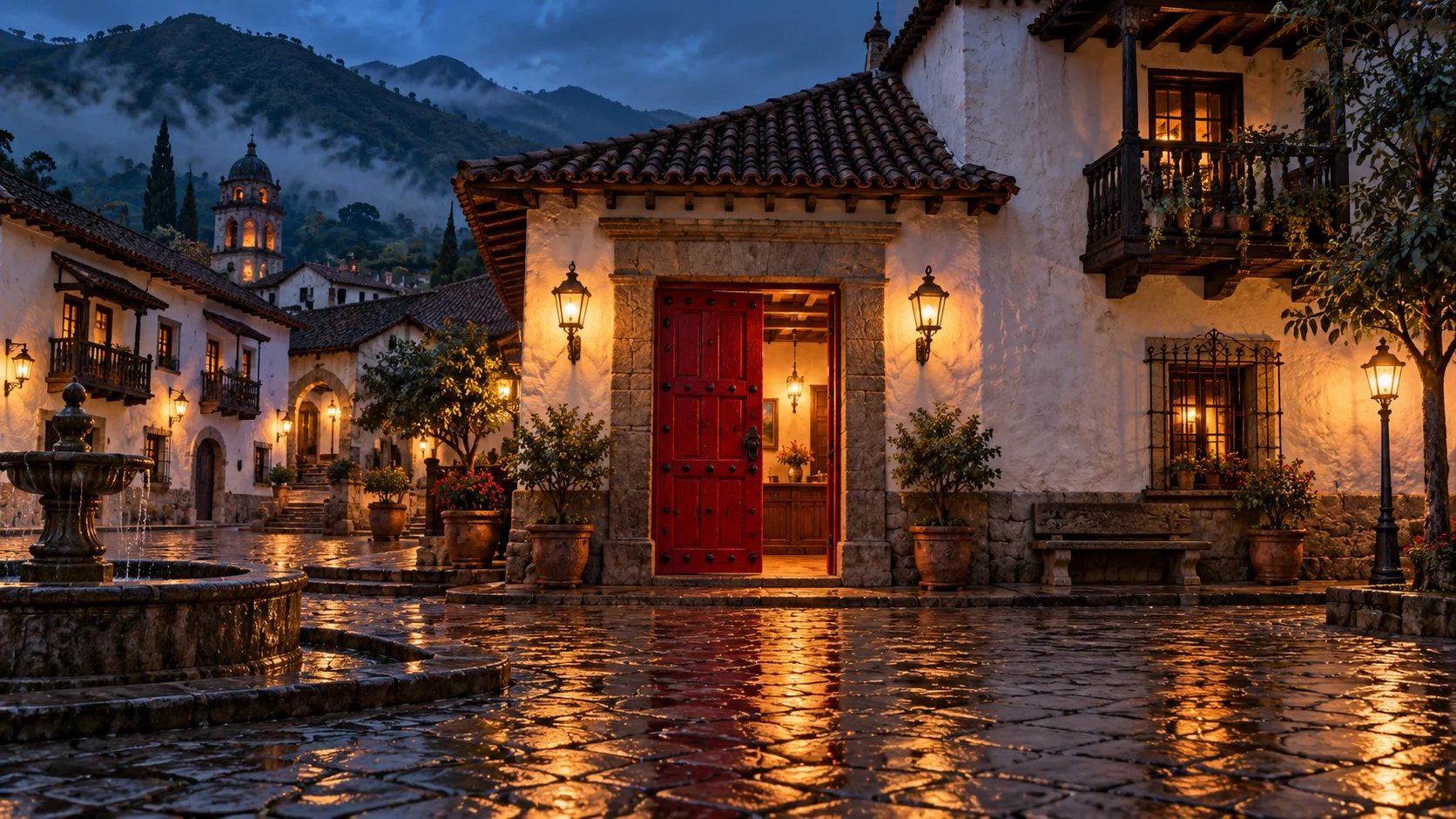 Una plaza colonial andina al anochecer después de la lluvia, con casas blancas, balcones de madera y una puerta roja entreabierta de la que sale luz cálida sobre el empedrado.