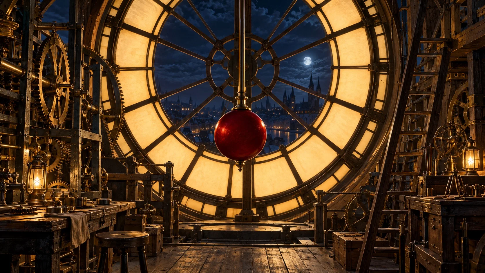 The inside of a clock tower at night: a glowing clock face without numbers, brass gears and ladders, and a long pendulum with a red bob at the centre.