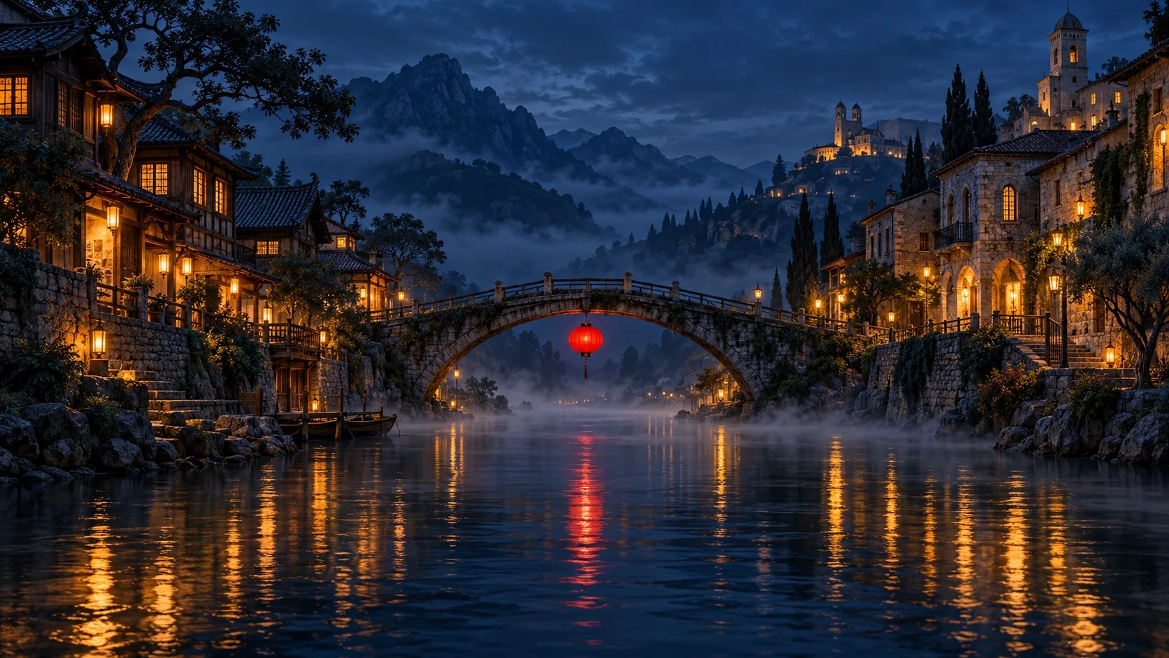 Two lamplit riverside towns at blue hour joined by an old stone footbridge, with a single red lantern hanging at the middle of the bridge.