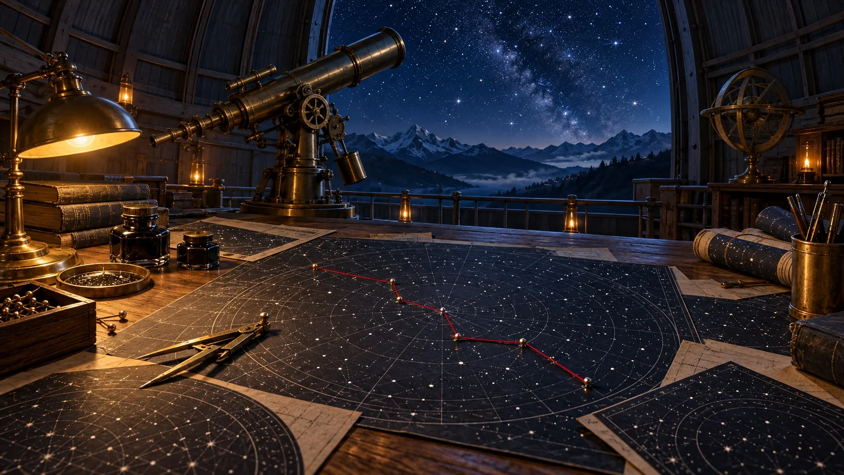 A lamplit observatory at blue hour where a crimson thread pinned across a star chart traces one route between the stars.