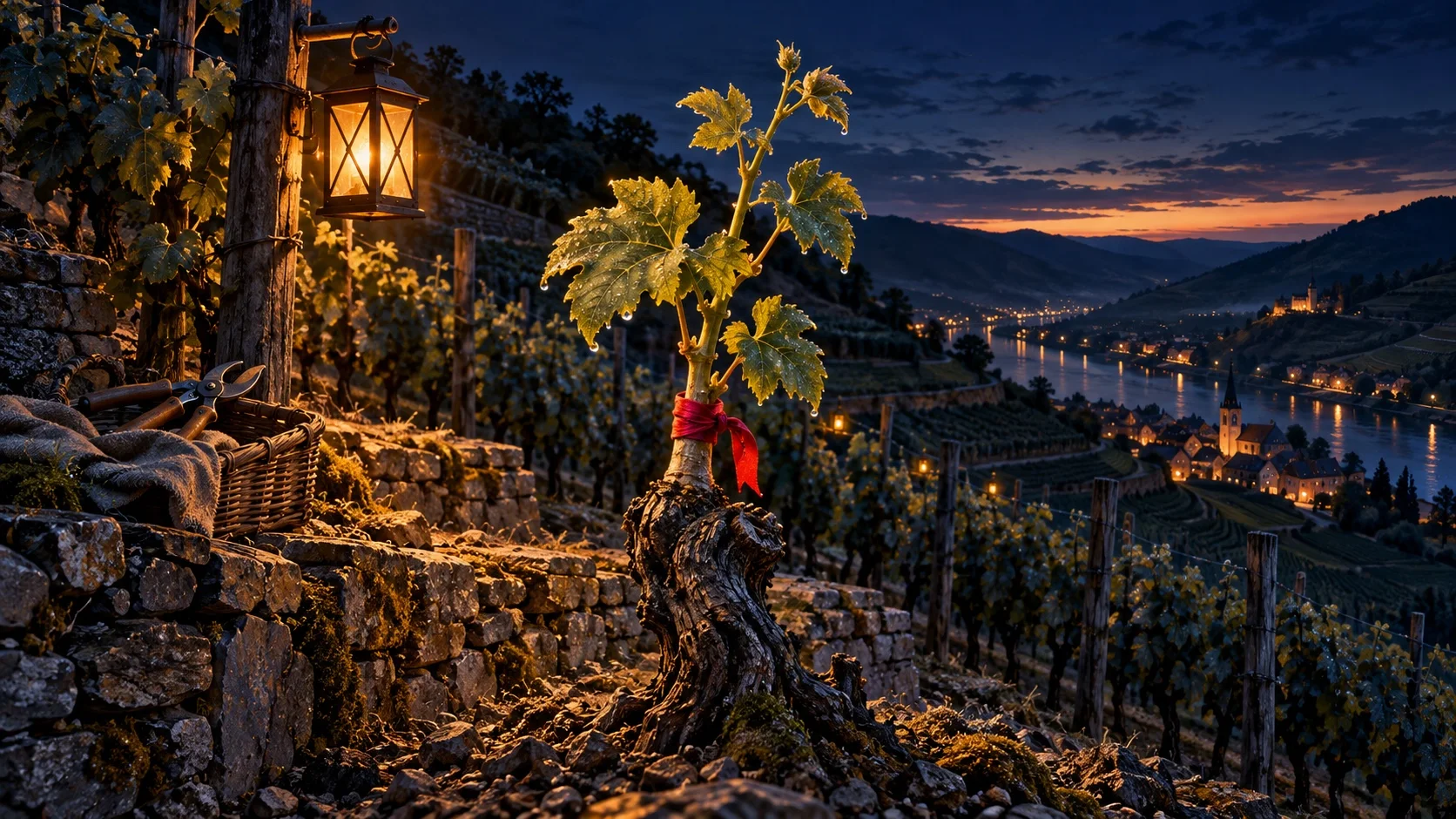 A lamplit vineyard terrace at blue hour where a young grafted vine is bound to old rootstock with a crimson ribbon.
