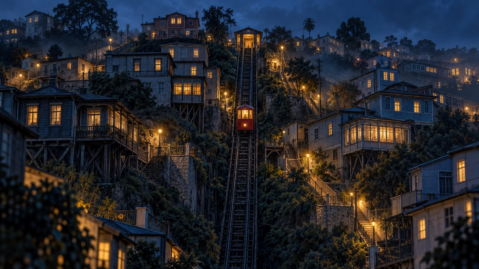 Un cerro de Valparaíso al anochecer, con casas escalonadas de ventanas iluminadas y un único carro de funicular carmesí a mitad de la subida.