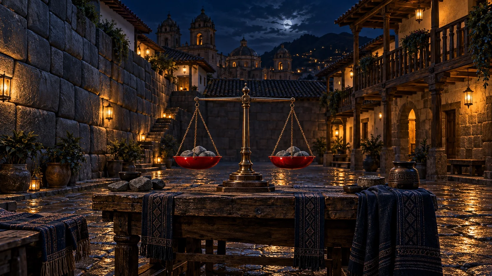 Un patio de piedra en Cusco de noche, iluminado por faroles, con una balanza antigua de platillos carmesí sobre una mesa de madera.