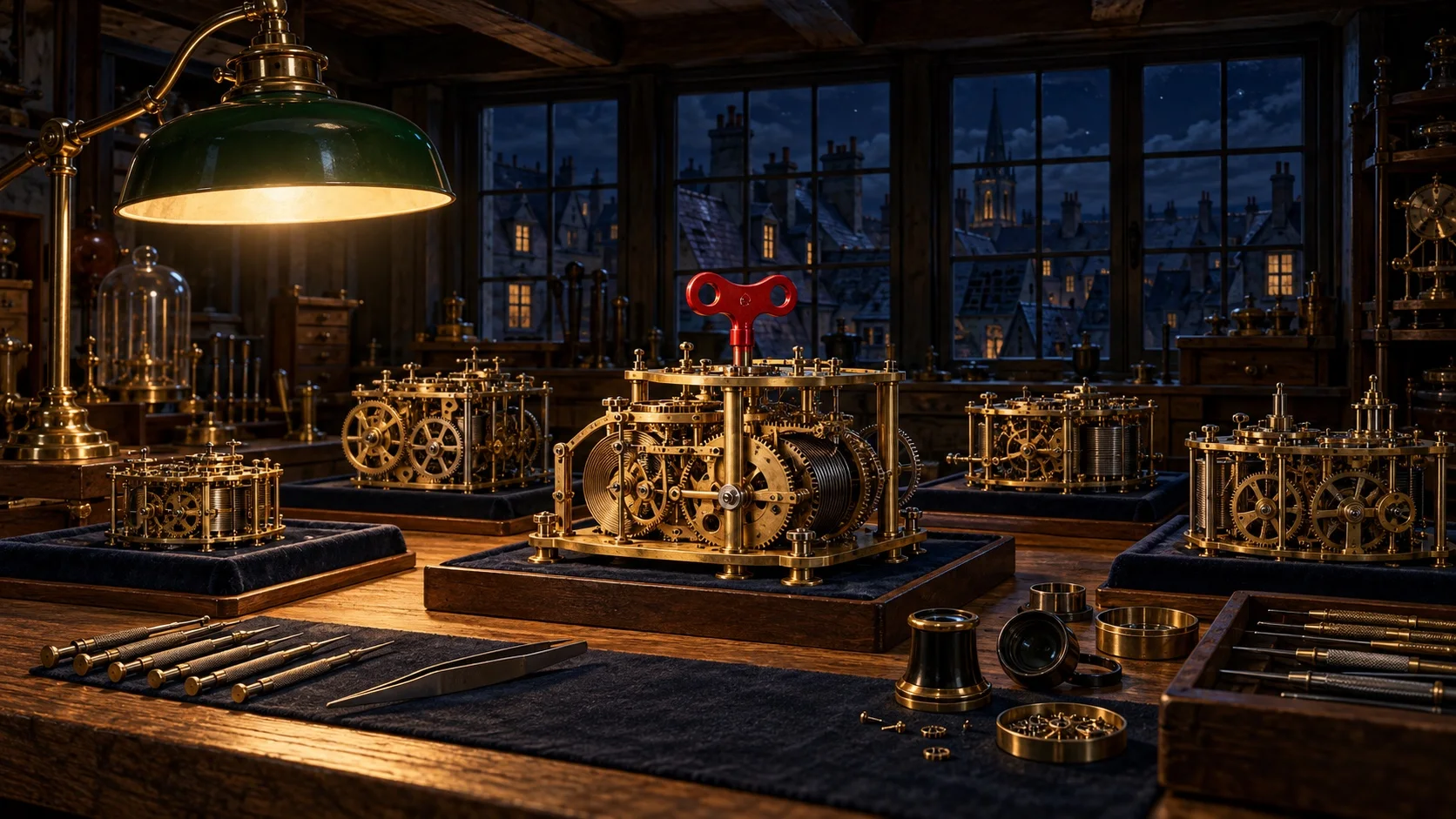 A watchmaker's workbench at night with rows of open brass clock movements under a lamp, and a single crimson winding key fitted into the largest one.