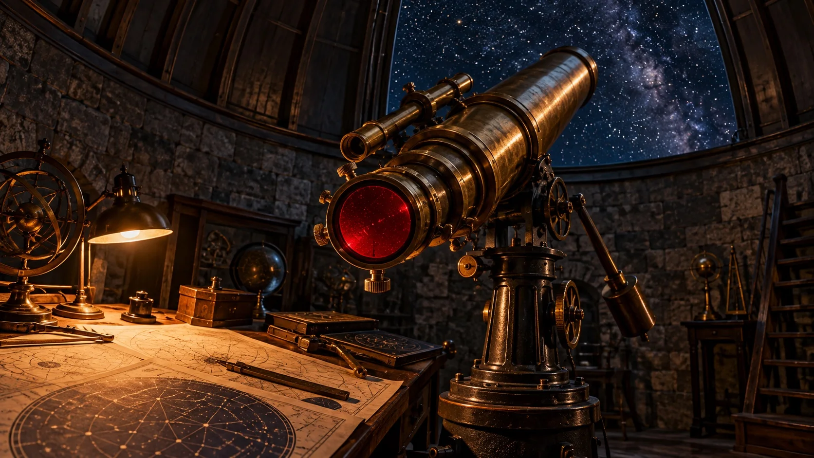An old observatory at night with a brass telescope aimed through the open dome at the stars, and a single crimson filter disc fitted over its eyepiece.