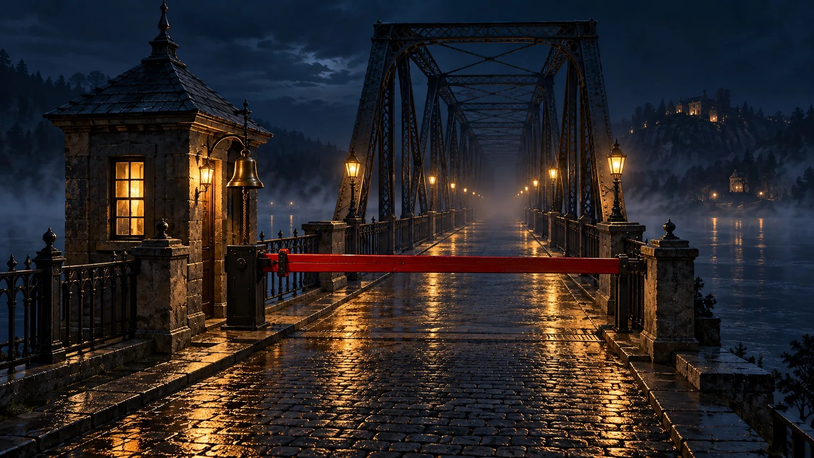 A night river crossing with an iron truss bridge, an amber-lit stone tollhouse and a lowered crimson toll gate arm at the centre.