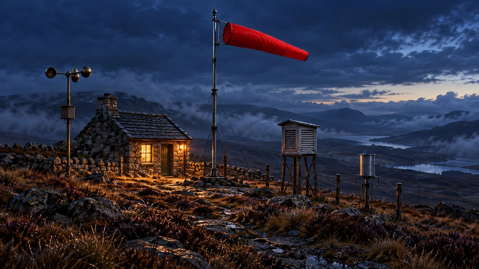 A highland weather station at blue hour with brass instruments, an amber-lit hut and a crimson windsock filled with wind at the centre.