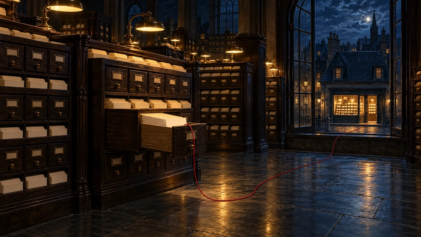 A night-time records hall of wooden card-catalogue cabinets; a single crimson thread runs from one open drawer across the floor and out a tall window to a lit shop front across the street.