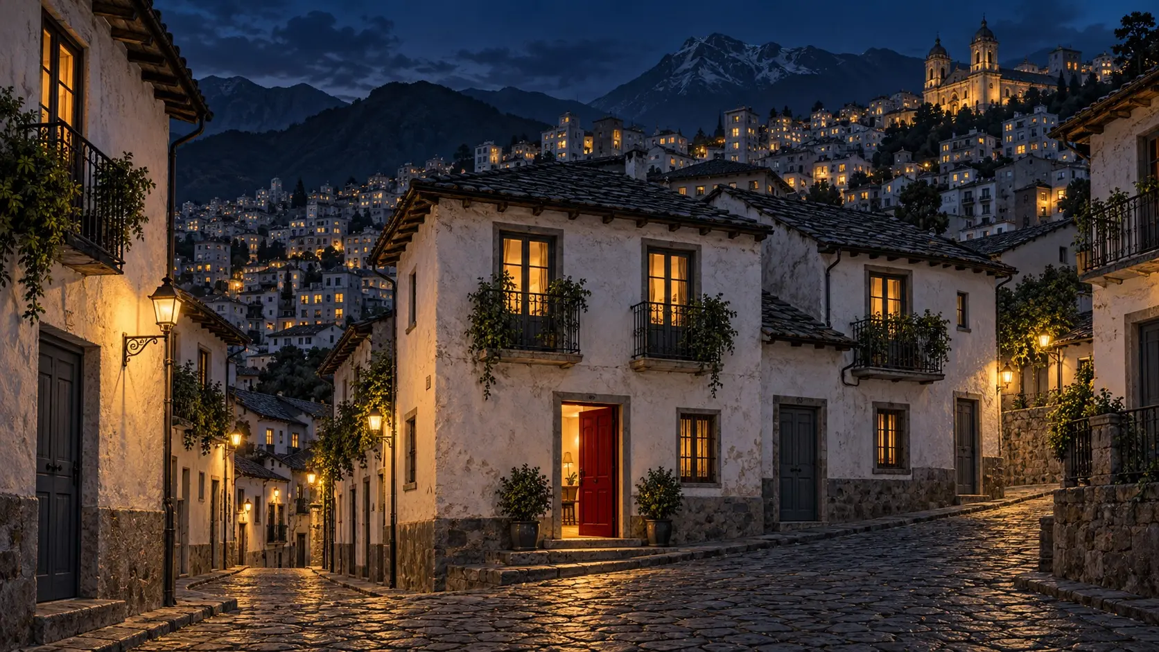 Calle empedrada de una ciudad andina al anochecer: entre puertas grises cerradas, una sola puerta carmesí entreabierta deja salir luz cálida.