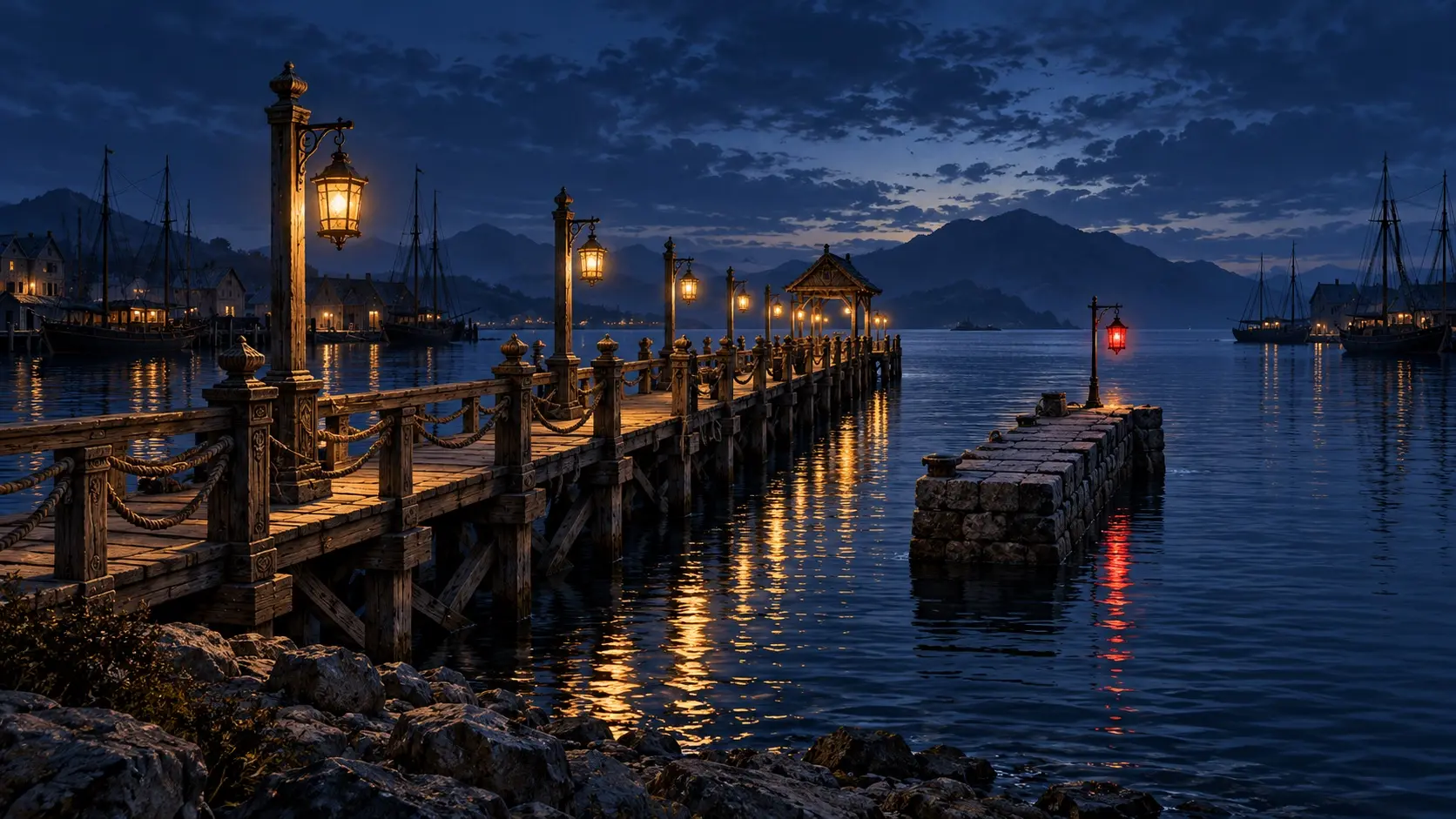 A long lamplit wooden pier and a short stone pier reach into a calm harbor at blue hour; a single crimson lantern hangs at the end of the stone pier