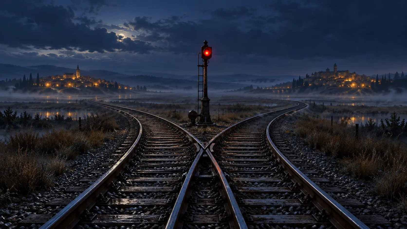 Dois trilhos de trem se separam numa planície com névoa ao anoitecer rumo a cidades iluminadas ao longe, com uma única luz de sinal carmim acesa na agulha