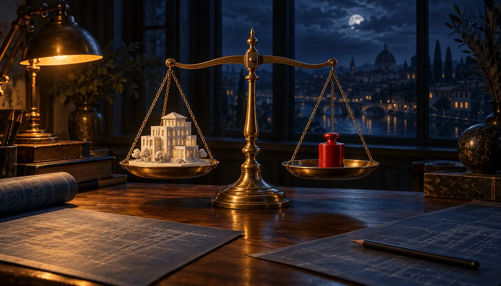 A brass balance scale on a dark desk at night weighs a small white architectural model against a single crimson weight