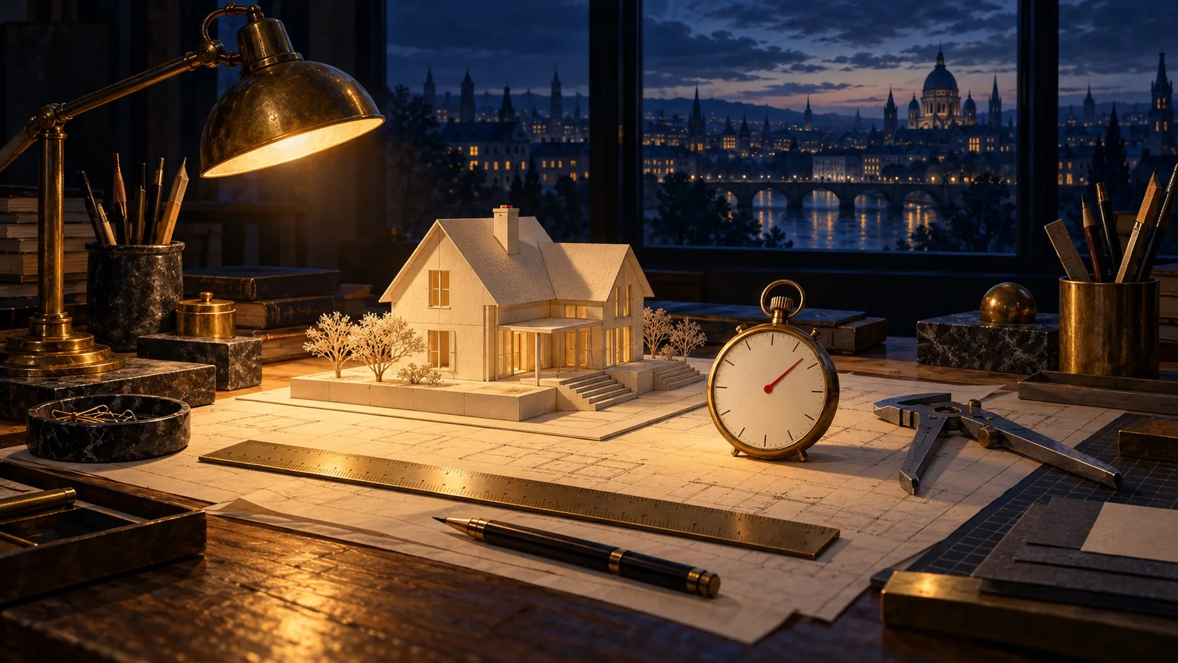 Una maqueta de papel de una casa en una mesa de arquitecto de noche, rodeada de una regla, un calibrador y un cronómetro de bronce con la aguja carmesí