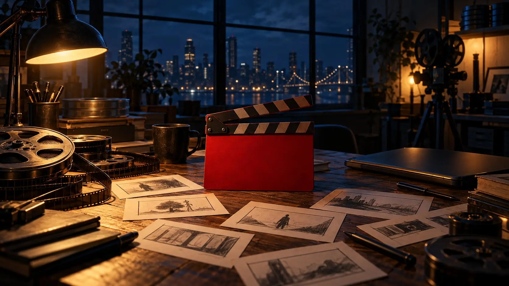 A film-editing desk at night lit by warm amber lamps, with a single deep crimson clapperboard at the center, surrounded by storyboard cards and the glow of a laptop.