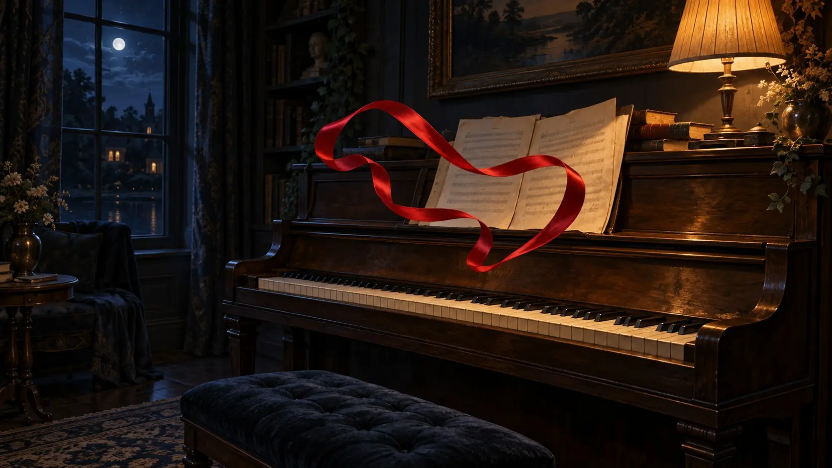 Uma sala de música silenciosa à noite: a luz âmbar de um abajur cai sobre um piano e partituras abertas, e uma única fita carmesim se enrola no ar acima das teclas como uma linha em movimento.