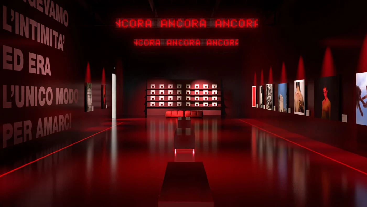 Red exhibition space in Adoratorio’s Gucci Prospettive project