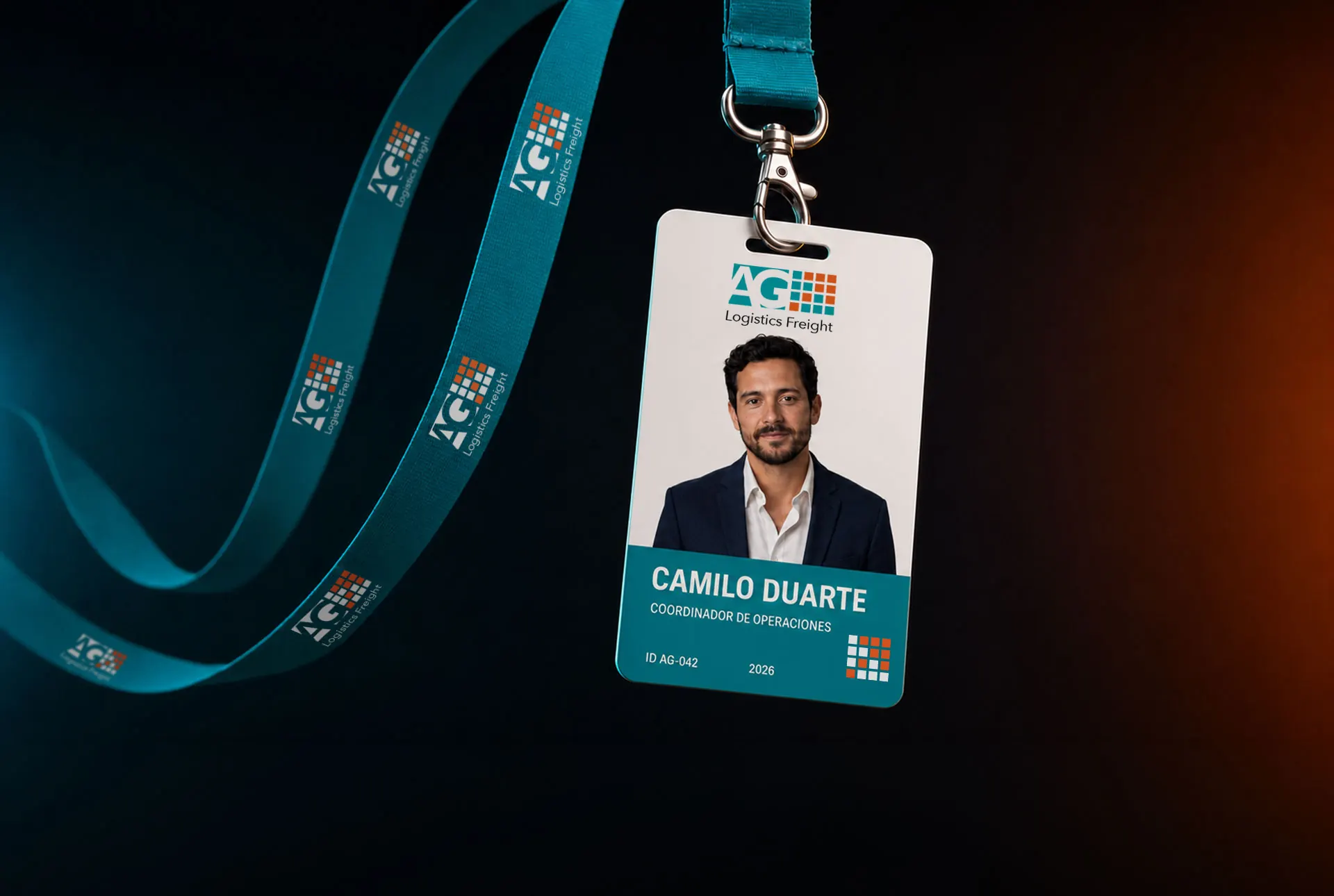 Identidad de AG Logistics aplicada a credencial y cinta en el caso de rebranding de Feelingbrand