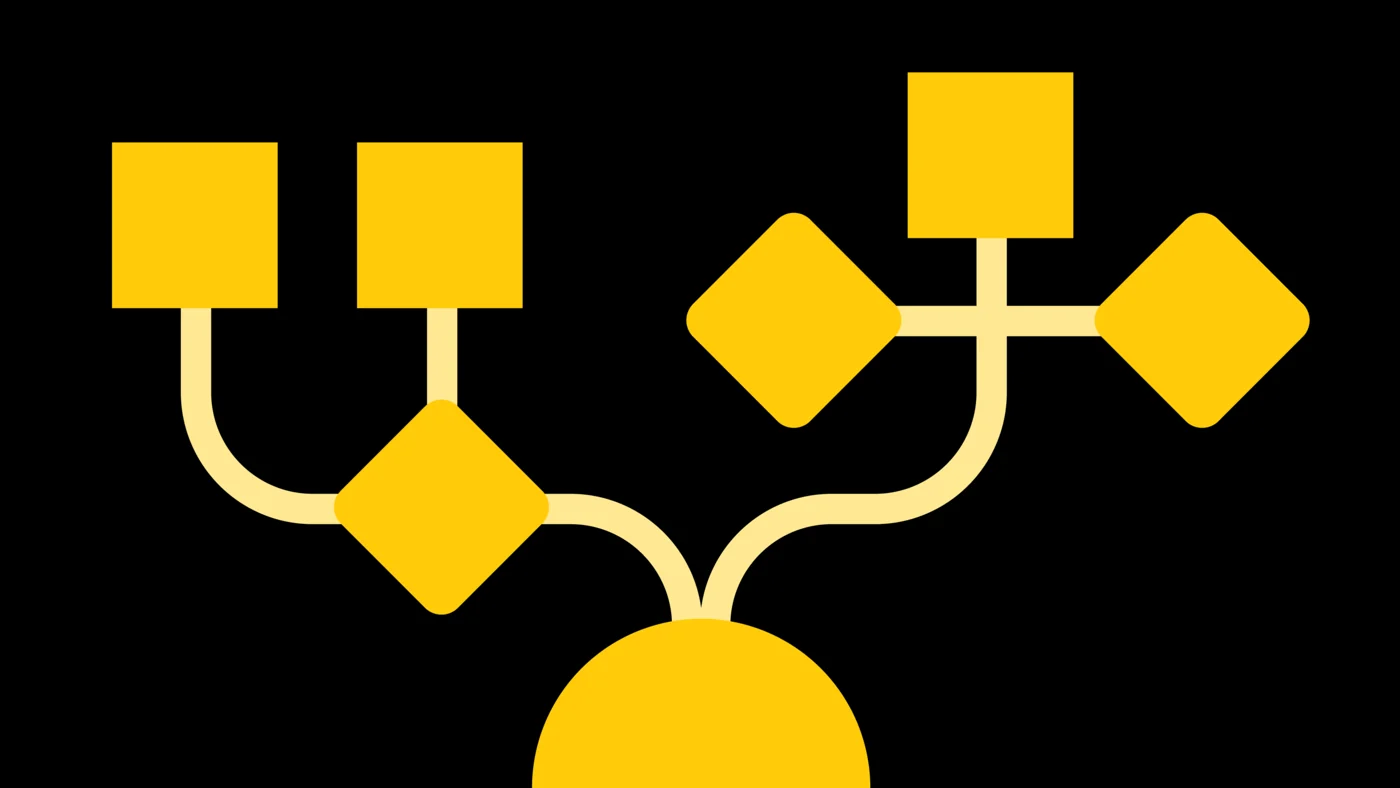 Interconnected yellow shapes on black, published by Work & Co