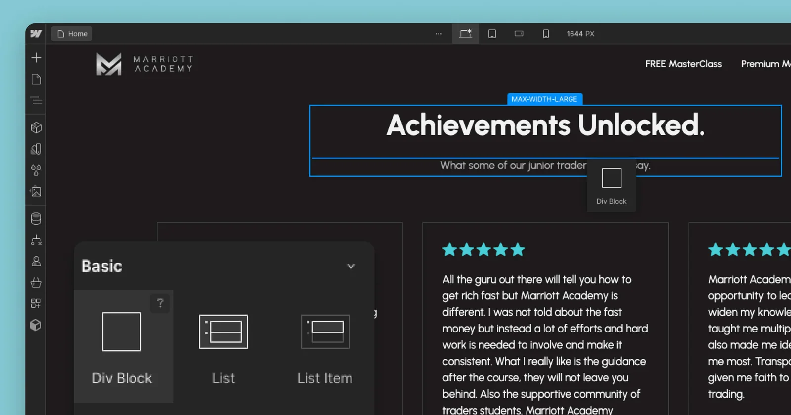 ALF Design Group website design example showing a dark responsive editor view for Marriott Academy.