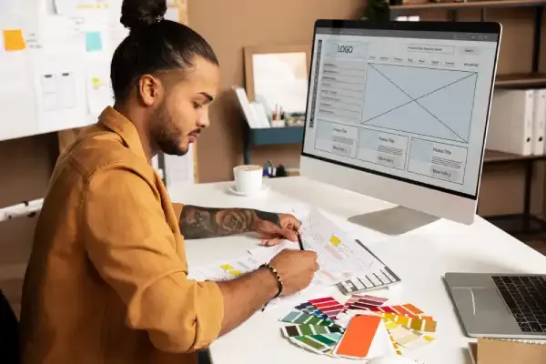 Imagen oficial de servicio de Acuarela Web con una persona dibujando un wireframe de sitio web en un escritorio.