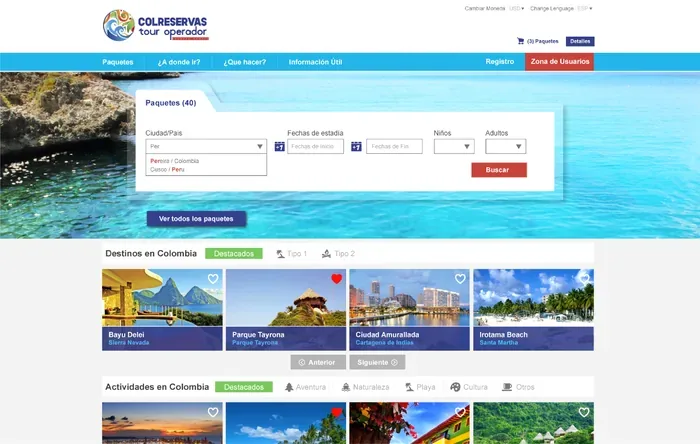 Imagen del portafolio de SingleClick con la interfaz de reservas de De Turismo por Colombia, filtros de destino y tarjetas de tours.
