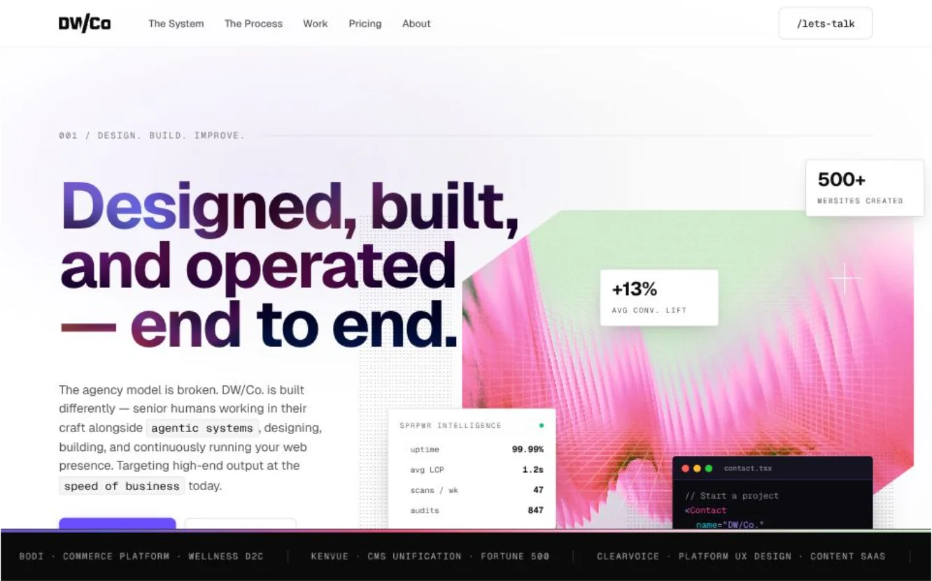 DW/Co. website hero with the words Designed, built, and operated end to end, a colorful gradient graphic and navigation.