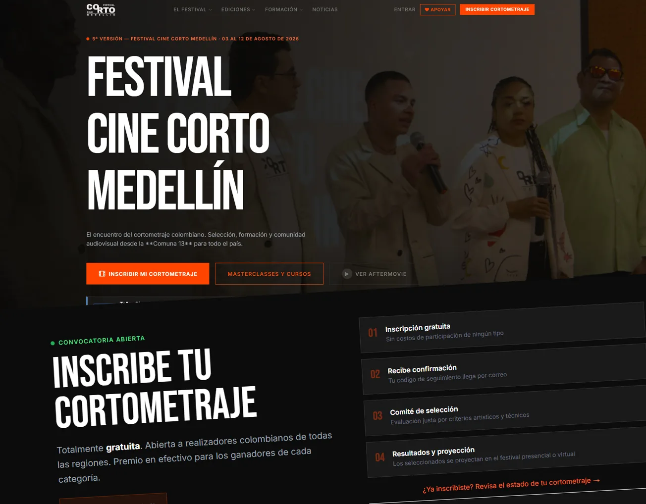 Imagen del portafolio de PANCA Studio con la interfaz del sitio Festival Cine Corto Medellín, información del evento y botones naranjas.