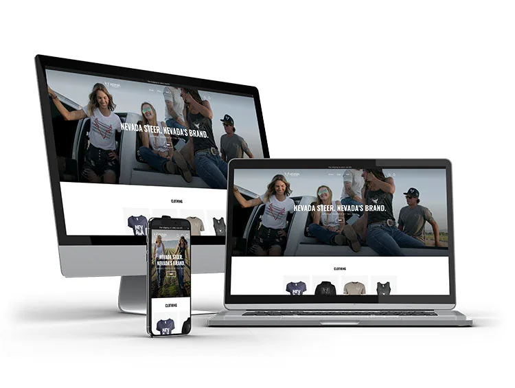 Responsive NewWorks website mockup shown on a desktop, laptop and phone with a Nevada Steer clothing site.