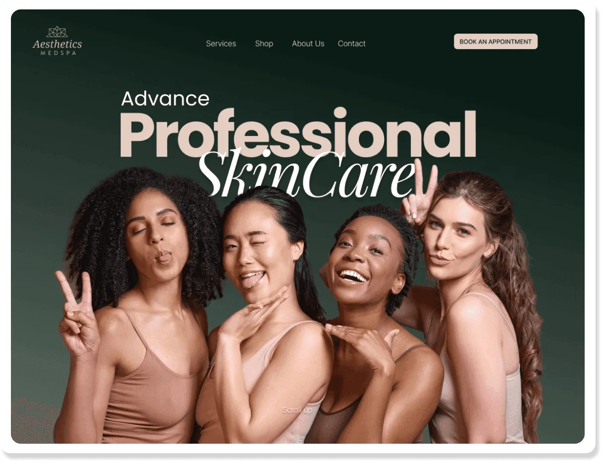 Ejemplo de diseño web de Nodo Agency que muestra la página de inicio verde oscuro de un medspa de estética, con navegación y botón de cita.