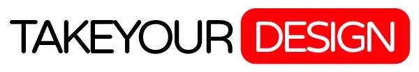 Logotipo de TakeYourDesign con TAKE YOUR en negro y DESIGN dentro de un bloque rojo redondeado.
