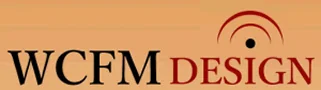 WCFM Design wordmark in black and red on a warm orange background.